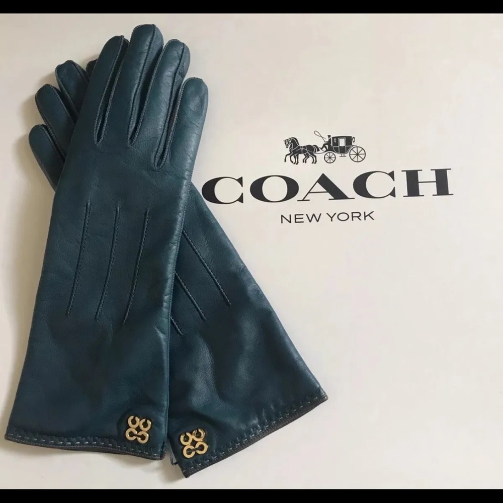 NWT Coach Women's Petrol Leather Cashmere Lined Gloves 81918 Teal Blue Size 6.5